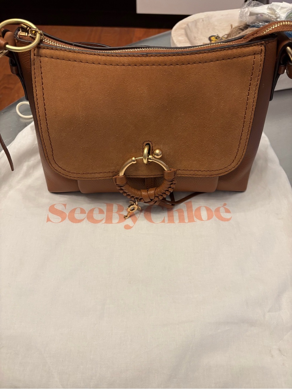 See By Chloe Cognac Leather & Suede Shoulder Bag with Gold Ring - Picture 2 of 7